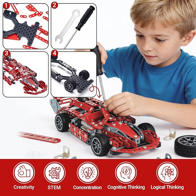 Metal Car Kit 287 Pcs Metal Building Car kit Toy Model Car Kit DIY Assembly Toy Kit STEM Educational Toys for Kids Ages 8 9 10 11 12 Teens and Adults (Racing Car)