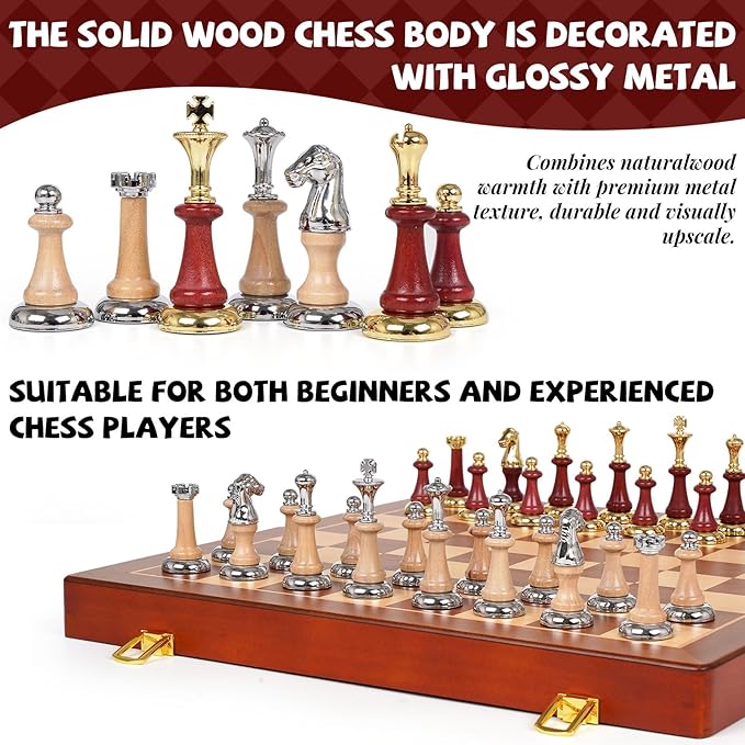Large Wooden Chess Set with Metal &amp Wooden Chess Pieces Luxury 17 Inch Chess Board Game with 2 Extra Queens Premium Classic Strategy Board Game for Adults Kids Beginners &amp Gift Lovers