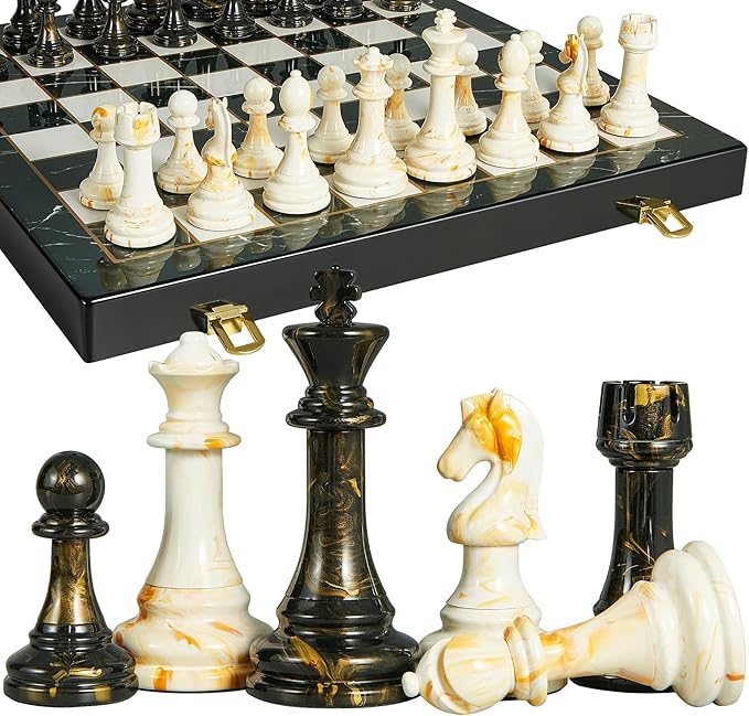 15 Large Chess Set for Adults with Extra 2 Queens Weighted Acrylic Pieces-3.5 King w/Leather Base Portable Folding Marbling Wooden Chess Board - Travel/Family Game &amp Elegant Gift