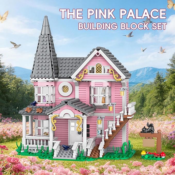 Pink Palace Apartment Building Set Halloween Haunted House Blocks Detailed Castle House Model with Classic European Style Detailed Interior