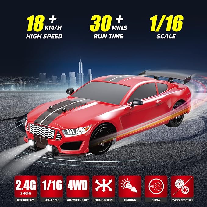 RC Drift Car Drifting RC Car 2.4GHz 1:16 RC Cars 4WD High Speed Remote Control Cars with LED Lights Rechargeable Battery Racing Sport Toy Vehicle for Adults Boys Kids