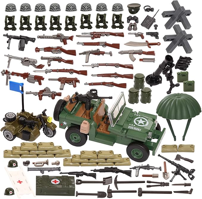 Feleph WW2 Military Vehicles Weapons Pack 282 Pieces US Army Building Block Toy Set WWII Car Tricycle Gear Helmets Vests Tools Bricks Model Compatible with Soldier Figures for Ages 6 and Up