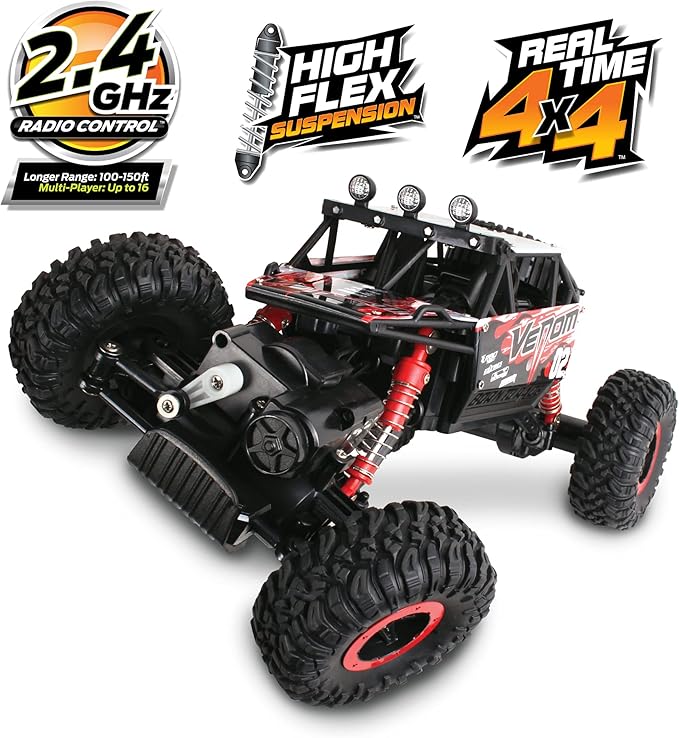 NKOK Mean Machines 1:16 2.4GHz RC Rock Crawler Venom (Red) Designed for Rough Terrain Climbing Pistol Grip Full Function Controller Powerful Motor