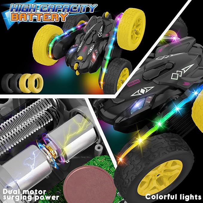 Remote Control CarRC Cars with Sides Light Strip and HeadlightsDouble Sided 360 Flips Rotating RC Stunt Car2.4Ghz All Terrain Toys for Ages 4-8 Kids Toy for Boys Birthday Gift(Black)