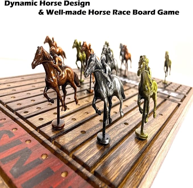 Horse Racing Game for Adults Horse Race Board Game with 11 Luxurious Antique Matt Metal Horses(Bronze Brass Silver) 19” Wood Horse Race Game Board Dice &amp Card Included (Log)