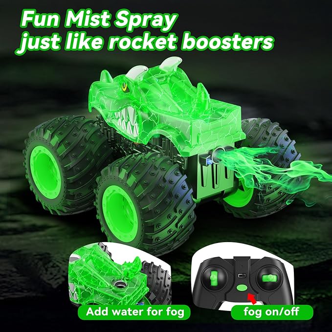 Remote Control Car 2.4GHz Monster Trucks Toys with Light Spray Birthday Gift for Kids 3 4 5 6 7 8 All Terrain RC Cars Toddler Toys for Boys Girls 3+ Year Old (Dinosaur-Green)