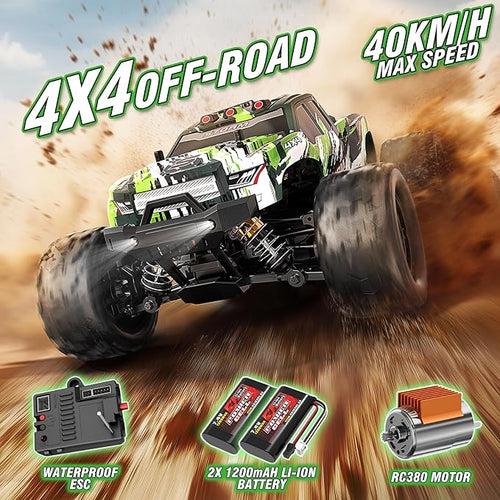 1:18 All Terrain RC Car for Adults &amp Boys (HS18305) 4WD Off-Road RC Truck High Speed Fast 40+ KPH 4X4 Waterproof Remote Control Car with 2 Rechargeable Batteries