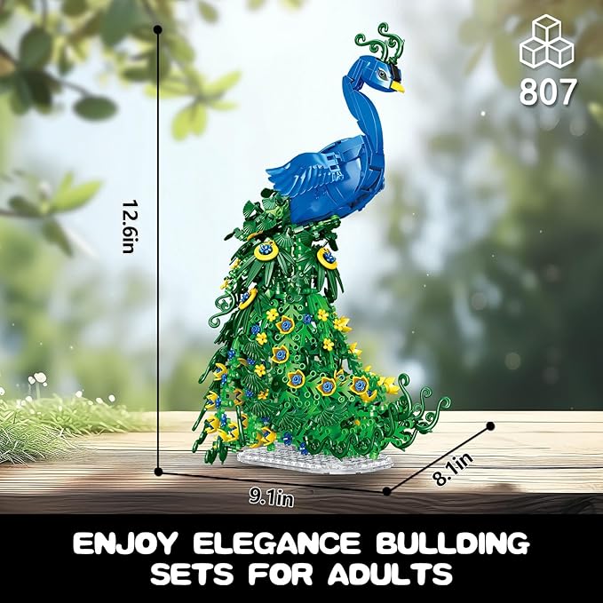 Peacock Flowers Building Set 807PCS Peacock Creative Bird Model Home Deocr and Office Art Gift for Mom Women Girlfriend Adults 14+ (Compatible with Major Brand)