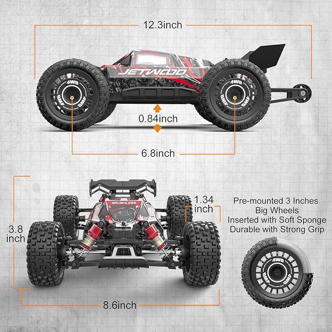 Jetwood 1:16 Fast RC Car Brushless 42MPH Remote Control Car for Adults - High Speed 4WD RTR RC Truck with 2 LiPo Batteries &amp DIY Body JC16EP Red