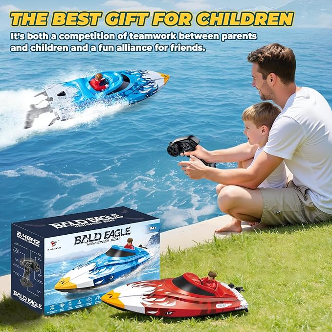 25KMH RC Remote Control Boat with LED Lights Self-Righting Low Battery Alert 2.4GHz with 800 mAh Lithium battery Waterproof Electric Fast Speed Boat for Pool &amp Lake Toy for Boys Girls Blue