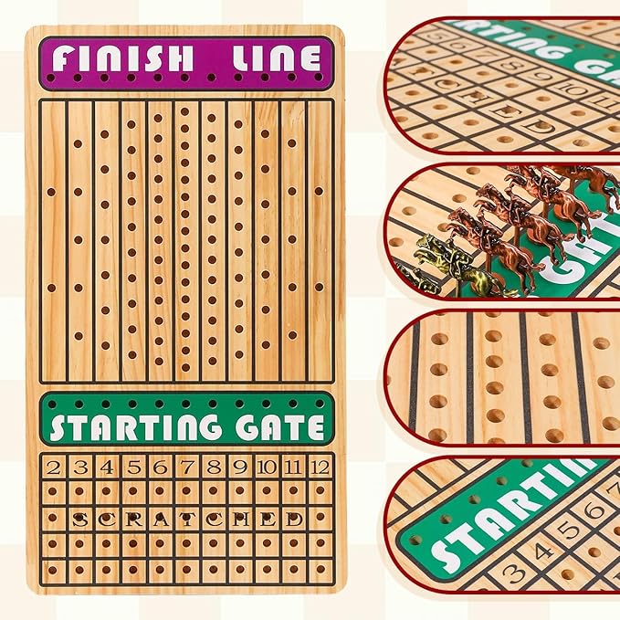 Horse Race Board Game with 11 Luxury Metal Horses 4 Dice 2 Card Boxes and Thickened Wood Game Board for 2-11 Players Family Party for Adults Teens &amp Kids Horse Racing Game