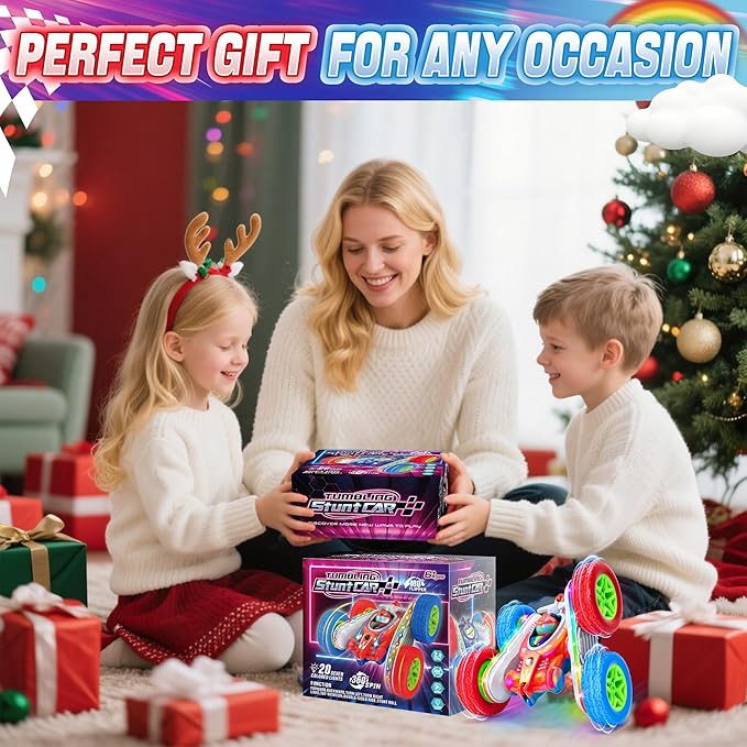 Remote Control Car Kids Toys with Shiny Electroplated Finish RC Cars Stunt Toy with LED Lights 2.4GHz Double-Sided 360° Flips USB-C Fast Charging Perfect Birthday Xmas Gift Boys