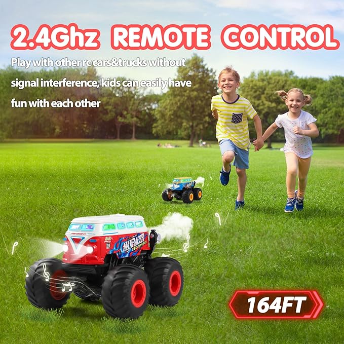 DYODYORC Remote Control Car 2.4Ghz RC Monster Truck Toys All Terrain RC Truck with Spray Music 3 Lighting Effects 360 Stunt Capable All Included Ready to Run Toy Gifts for Boys and Girl (Red)