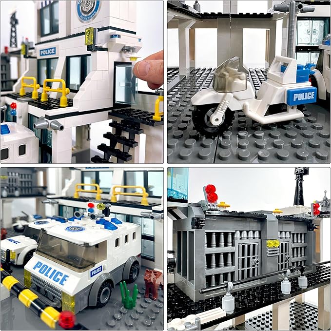 General Jim's Police Station and Jail Building Blocks Set - Multi-Level City Set with Police Vehicles Guard Lookout and Command Center - Compatible with Major Brick Building Brands
