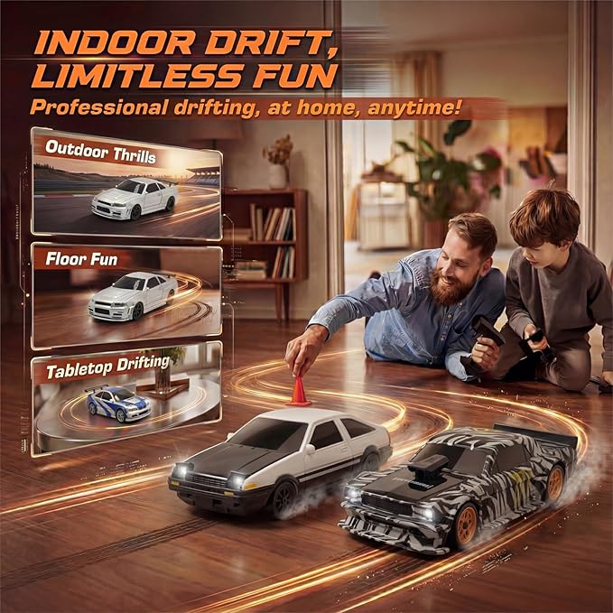 [4WD Edition 1/43 Scale Mini RC Drift Car Toys for Age 8-14 Old Birthday Gifts High Speed Racing Micro Small with Full Proportional RTR 2.4GHz Remote 2 Tire Sets 8 Cones - White