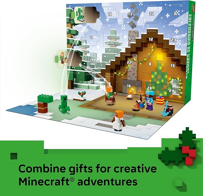 LEGO Minecraft Advent Calendar 2025 Building Toy - Kids Holiday Countdown Set for Boys &amp Girls Ages 7+ - 24 Buildable Surprises &amp 8 Minifigures for Gamers - Collectible Gift for Christmas - 2