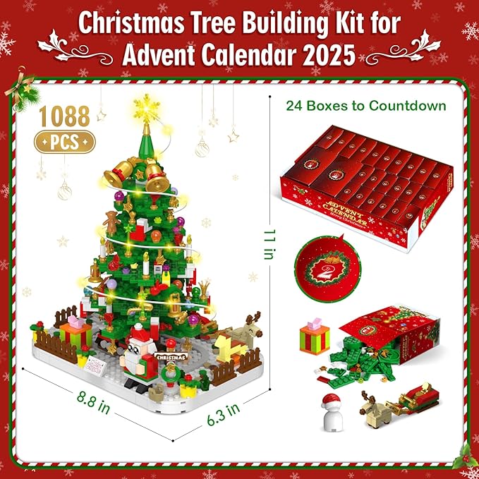 Advent Calendar 2025 Adult 1088 Pieces Christmas Tree Building Kit with Led Light 24 Days Christmas Countdown Christmas Tree Building Toy Set Ideal Xmas Gift Toy for Teen Boy