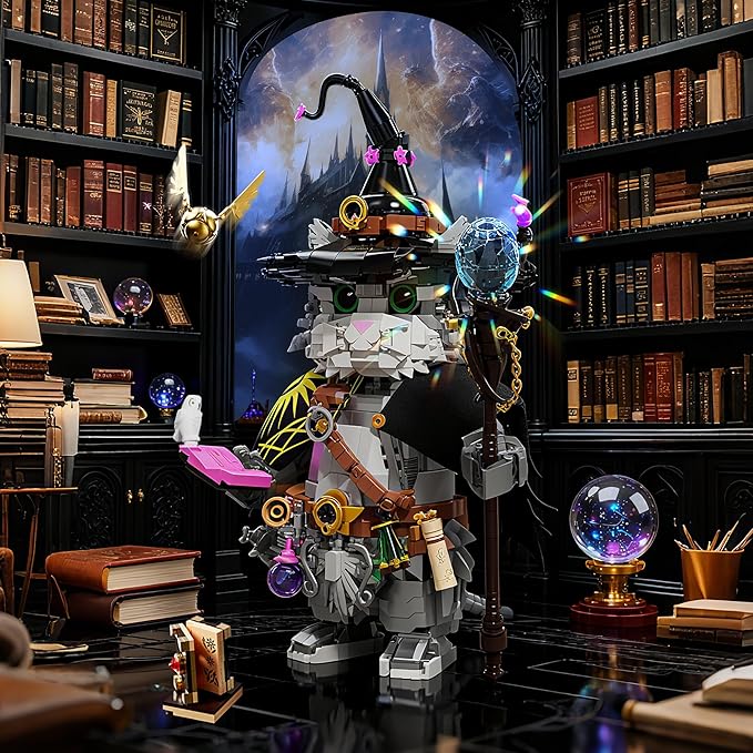 Magic School Wizard Cat Building Set 1458 Pieces Sorcerer Kitten Model Kit with Magic Staff Flying Golden Ball &amp Owl Fantasy Animal Construction Toy Witchy Home Decor Gift for Adults &amp Teens