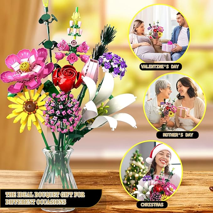 Flower Building Kit 699 PCS Eternal Flower Bouquet with Peony Rose Sunflower Lily &amp More DIY Floral Arrangement Set for Home Decor Gift for Christmas Day Building Blocks for Adults &amp Ki
