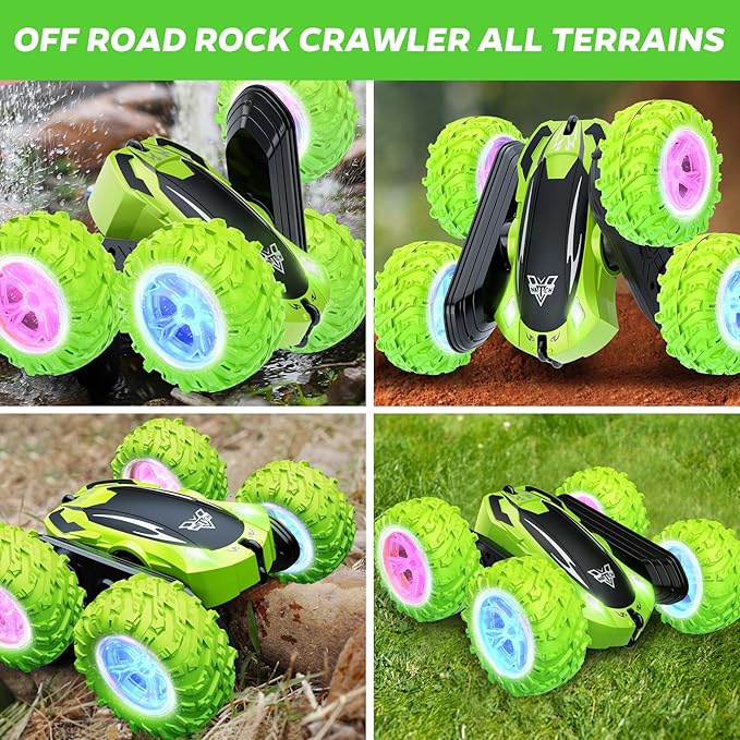KKONES Remote Control Car 2.4GHz Electric Race Stunt Car Double Sided 360° Rolling Rotating Rotation LED Headlights RC 4WD High Speed Off Road Gift for 3 4 5 6 7 8-12 Year Old Boy Toys (Green)