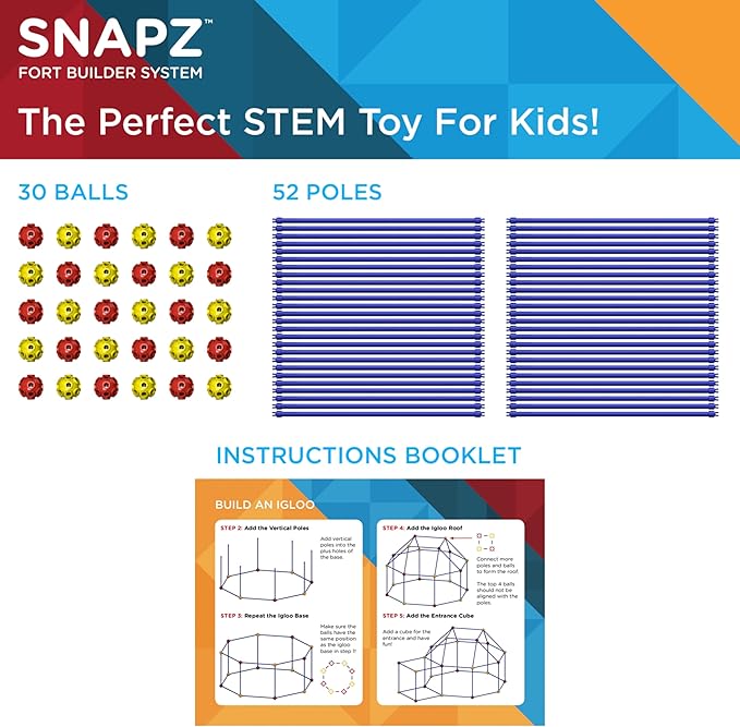 SNAPZ Ultimate Fort Builder Kit for Kids 8-12 - Sturdy Fort Building Kit for Kids 4-8 - Make &amp Build Ball &amp Stick Fort Set - Indoor STEM Tent Fort Making Toy