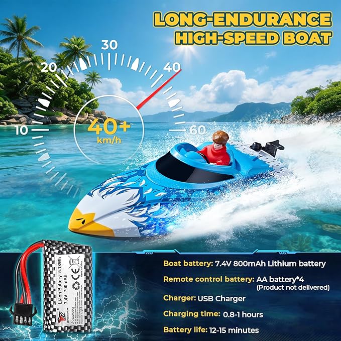 25KMH RC Remote Control Boat with LED Lights Self-Righting Low Battery Alert 2.4GHz with 800 mAh Lithium battery Waterproof Electric Fast Speed Boat for Pool &amp Lake Toy for Boys Girls Blue