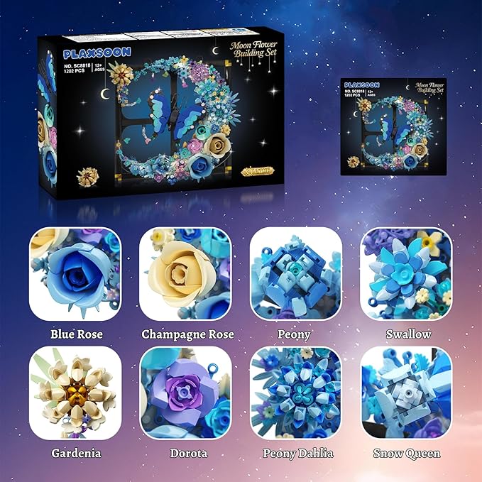 Moon Flower Building Set with Lights 1141 PCS Wall Botanical Flowers Building Block Kit with Butterfly Floral Plant Collection Office Home Decor Gift for Her Adults Women Boys Girls 12+