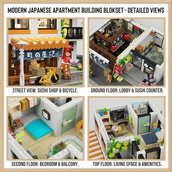 Japanese Apartment Building Street View Building Blocks Set - 3-Story Japan Cherry Blossom Architecture House with 5 Figures &amp LED Lights Christmas Bithday Gift for Aduls（3910PCS）