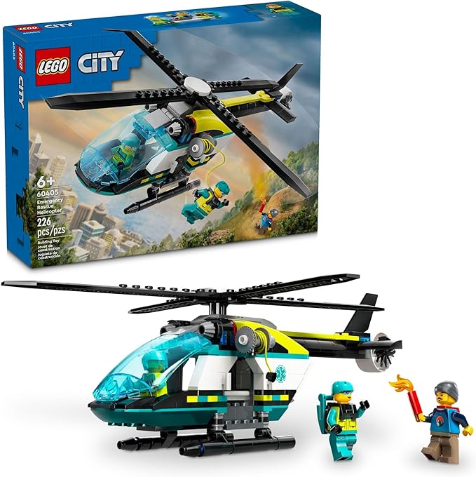 LEGO City Emergency Rescue Helicopter Toy Aircraft Playset for Kids Fun Gift for Boys and Girls Aged 6 Plus Hiker Rescuer and Pilot Minifigures Chopper with Winch and Spinnable Rotors 60405