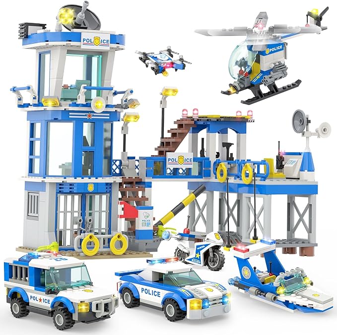 City Police Station Toy Building Set - 890 Pieces Helicopter Police Car and Truck Patrol Boat Coast Guard Headquarter Toy - Ideal Creative Roleplay Gift for Kids Boys and Girls Ages 6-14