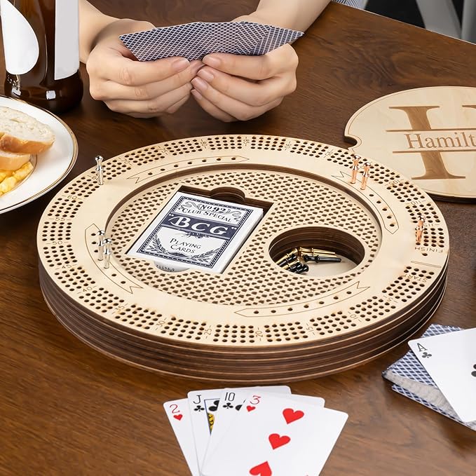 Personalized Wooden Cribbage Board Set Custom Engraved 4 Tracks Design with Name Includes 16 Metal Pegs and Deck of Cards Birthday Gift for Cribbage Lovers (Round)