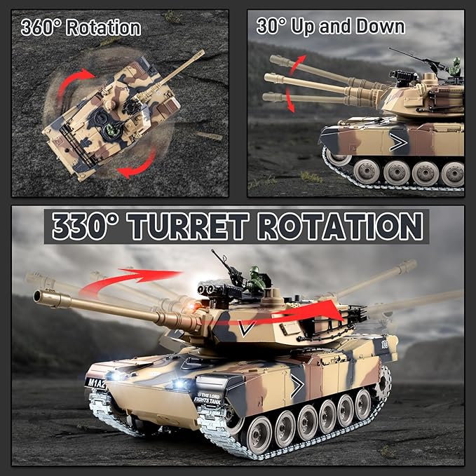 1:18 RC Tank 2.4G US Metal M1A2 Remote Control Tank That Shoot BBS Model Toys Army Toy with Smoke Lights Sound and RecoilMilitary RC Vehicle for Adults and Kids 6+ Year Old