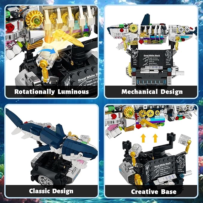 Mechanical Shark 3 in 1 Building Set 423pcs Compatible with Lego Shark Lantern Fish Octopus Models Deep Sea Ocean Kit Interactive Moving Base with Handle Control STEM Educational Toy for Kids 6+