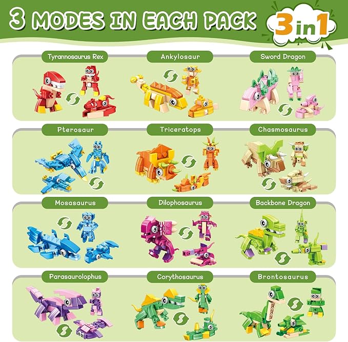 24 Pack Easter Party Favors for Kids 3-in-1 Dinosaur Building Block Toys Kids Classroom Gifts Stocking Stuffers Goodie Bag Stuffers Classroom Rewards Birthday for Boys Girls Ages 6-12