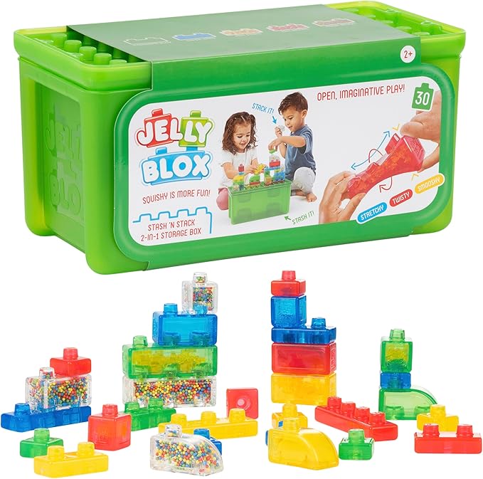Jelly Blox Stash 'N Stack 2-in-1 Storage Case with 30 Blocks | Toddler &amp Preschool Building Blocks Kids Can Squeeze &amp Stretch | MESH ACCREDITED | Safety Tested &amp Ouch-Free | Sensory Play T