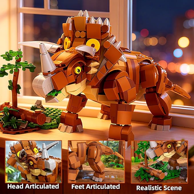 MENTOJOY Dinosaur Building Blocks Set - 729 Pcs Triceratops STEM Toy with Movable Parts Educational Gift for Boys Ages 8-12