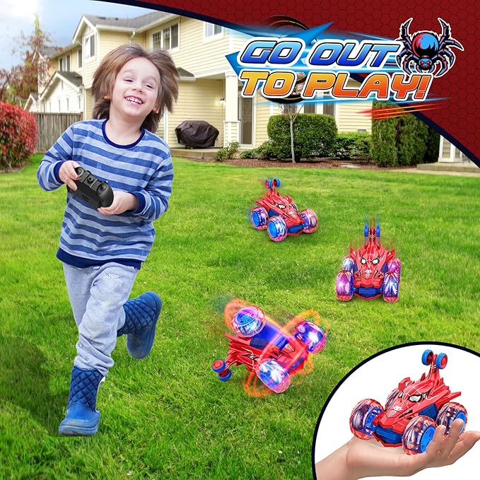 Remote Control Car RC Cars ToysCool Rechargeable Stunt RC Car with 360 Flips 4WD Wheel With Bright lightFun Outdoor Toys Gifts for Kids Birthday or Chritmas 4-6 6-8 8-12 Years Old (Blue-Red)