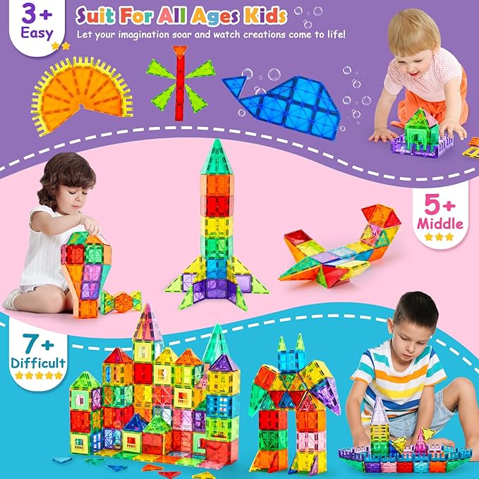 132 PCS Magnetic Tiles Building Blocks with 2 Cars STEM Educational Construction Montessori Toys for Kids Ages 3 4 5 6 7 8 9 Magnet Building Set Gift for Boys Girls