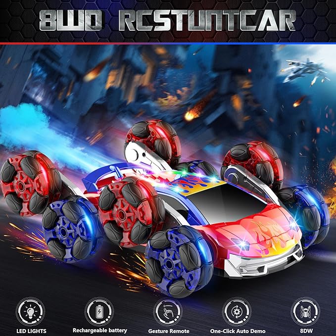 8WD Remote Control Car2.4GHz Gesture Sensing RC Stunt CarCool Spray Rotation RC Car with Lights and MusicAll Terrain Toys for Kids Ages 7 Birthday Gifts for Boys Girls(Red)