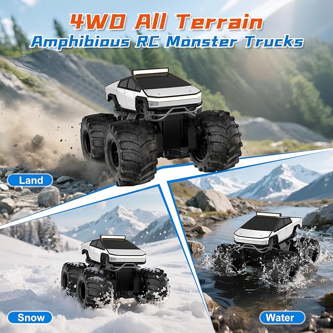 Amphibious Remote Control Car 1:18 Monster Truck Toys for Boys RC Cars 2.4 GHz Waterproof RC Trucks 4WD All Terrain Off-Road Pickup Kids Christmas Birthday Gifts Present Boys Girls Toys Ages 6+