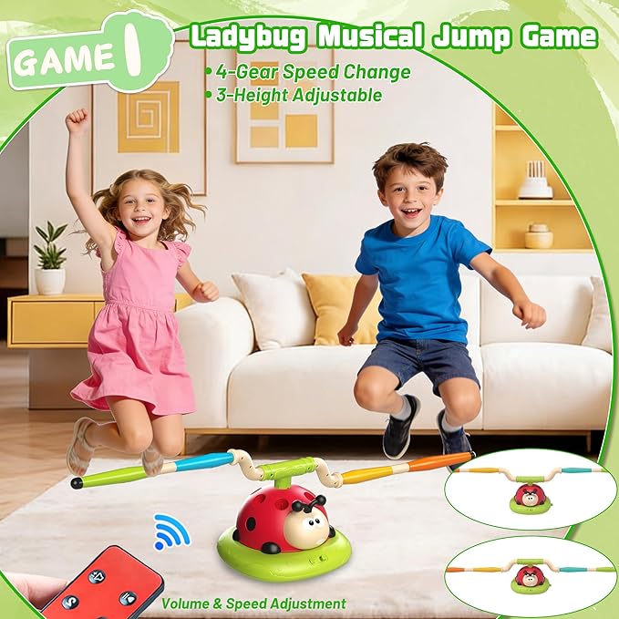 5 in 1 Musical Jump Bean Bag Toss Ring Game Baseball Toys and Stomping Launch Rocket Launcher for Kids Remote Control Indoor Outdoor Sports Toys for Kids Ages 4-8 3-5 Birthday Easter Gifts