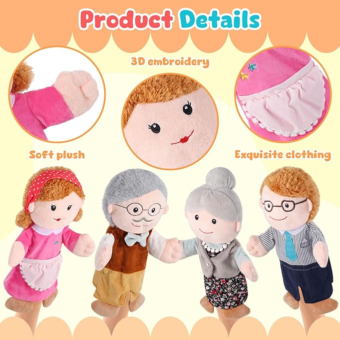 6 Pcs Family Hand Puppets 12 Inch Grandparents Mom &amp Dad Brother &amp Sister Plush Hand Puppet Toys Role-Play Toy Puppets for Kids Storytelling Imaginative Pretend Play Teaching Preschool(6 Fam