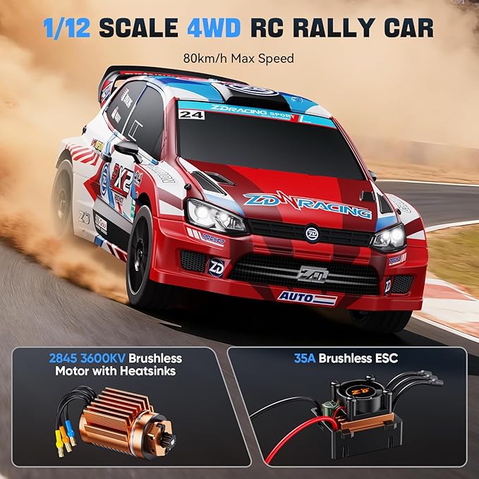 ZD Racing 1/12 Fast RC Cars for Adults Max 50 MPH Brushless Drift Car with Gyro 4WD RTR High Speed Rally with 3S 2200 mAh Drifting RC Remote Control Car for Adult