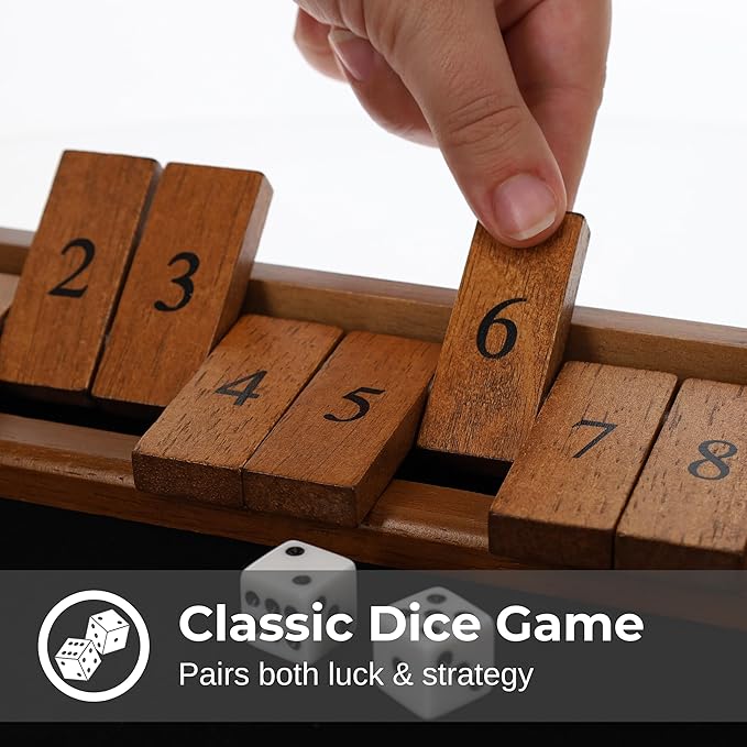 WE Games Wooden Shut The Box - Close The Box Set with 12 Number Tiles &amp 2 Dice Games - 13.5” Walnut Stained Finish
