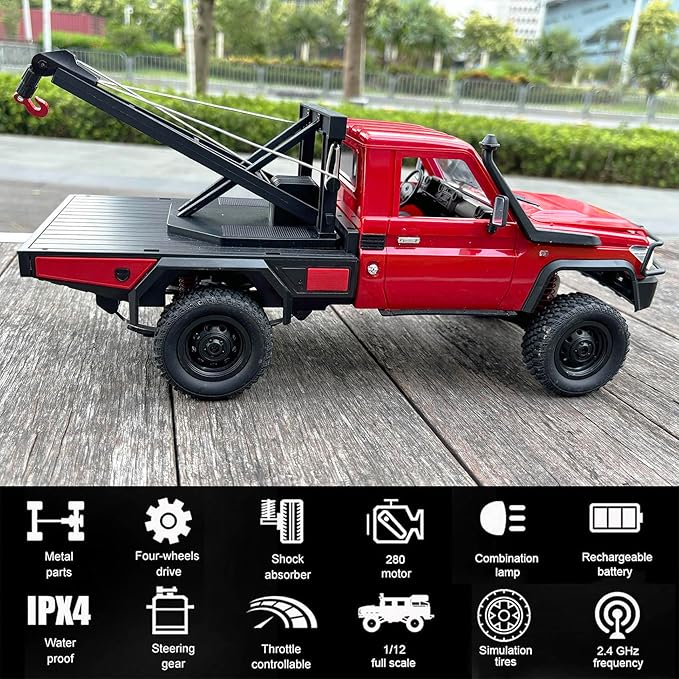 MN82T RC Crawler 1/12 RC Truck with Crane Hook Remote Control Rock Crawler 4x4 All Terrain Hobby Car for Adult 280 Brushed Motor 2 Speed Proportional Control Upgraded ESC and Receiver
