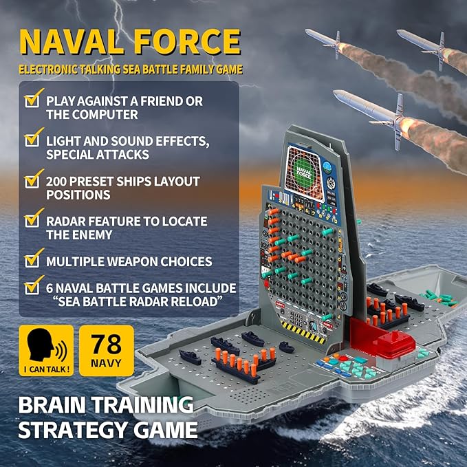 Talking Sea Battle Board Game with Light and Sound Effects Electronic Naval Battle Strategy Game with 200 Preset Ships Layout Logicality Training 1-2 Players Family Board Game (Gray)