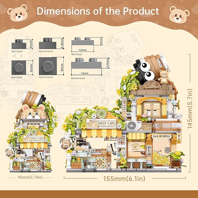 Creative Brick Box Street View-Coffee Shop Mini Building Toy Animals Interactive for Kids Simulation Architecture Toy for Girls and Boys Ages 6+ - Gift Easter Birthday Christmas (1077 PCS)