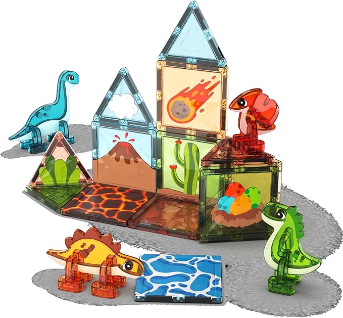 Magnetic Tiles for Kids Ages 4-8 25 Piece Dinosaur Building Blocks Set with T-Rex &amp Stegosaurus Magnet Toys for Toddlers &amp Preschoolers - Educational Construction Toy Magnetic Building Sets