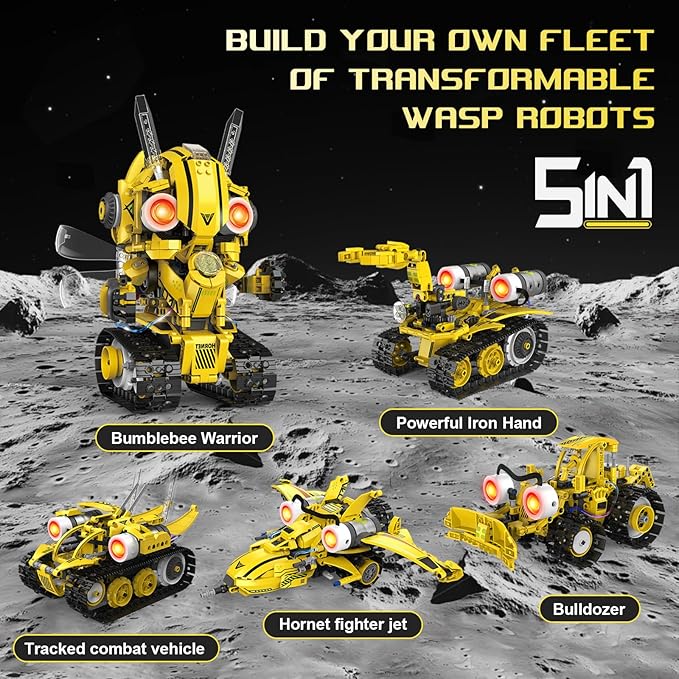 5-in-1 Remote Control STEM Robot Building Kit with LED Light – Transformable Models Eco-Friendly Rechargeable App-Controlled Engineering Toy for Kids 6+ (673PCS)
