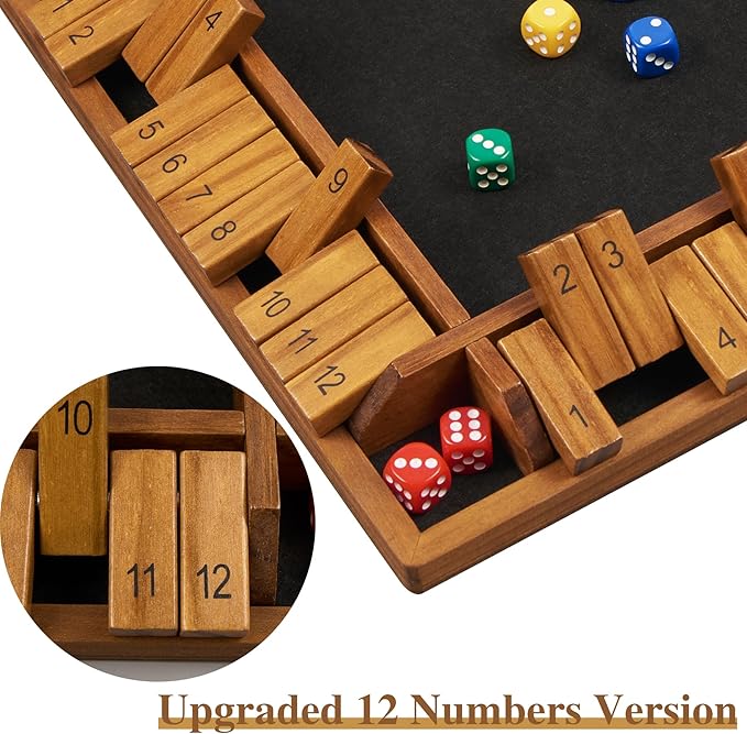 14 inches 1-4 Players Shut The Box Dice Game Upgraded 12 Numbers Wooden Board Table Math Game with 12 Dice Close The Box for Adult Kids Family Classroom Home or Bar